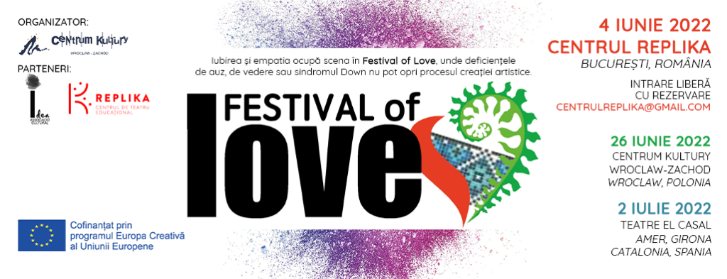 Plakat w języku rumuńskim informujący o wydarzeniach w ramach Festival Of Love. Plakat kolorystyce i formie dokładnie takiej samej jak wszystkie plakaty festiwalu w orientacji poziomej.