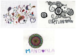 Fotografia przedstawia trzy rysunki przedstawiające mandale, ornamenty i trzecia rzecz jest nieopisana. Mandale są w kolorach fioletowym, zielonym, żółtym, czerwonym i pomarańczowym. Podpis mandala ma niebieską literę em, a pozostałe napisy są fioletowe i litera o jest fioletowym sercem. Mandala jest przedstawiona na dole na środku. Ornamenty są na górze po prawej i składają się w takie jakby kwiaty. Wszystko jest czarno-białe. Trzeci rysunek po lewej u góry to coś co przedstawia listki na wąskich gałązkach. Kolorowy tych listków są bardzo różne, raczej w zimnych barwach.