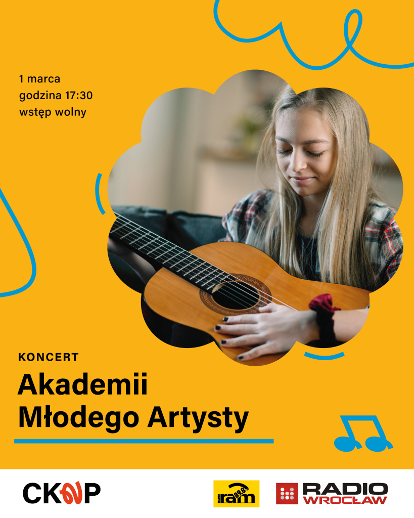 1 marca godz. 17.00 wstęp wolny koncert Akademii Młodego Artysty W grafice zdjęcie dziewczyny w długich blond włosach z gitarą w dłoniach