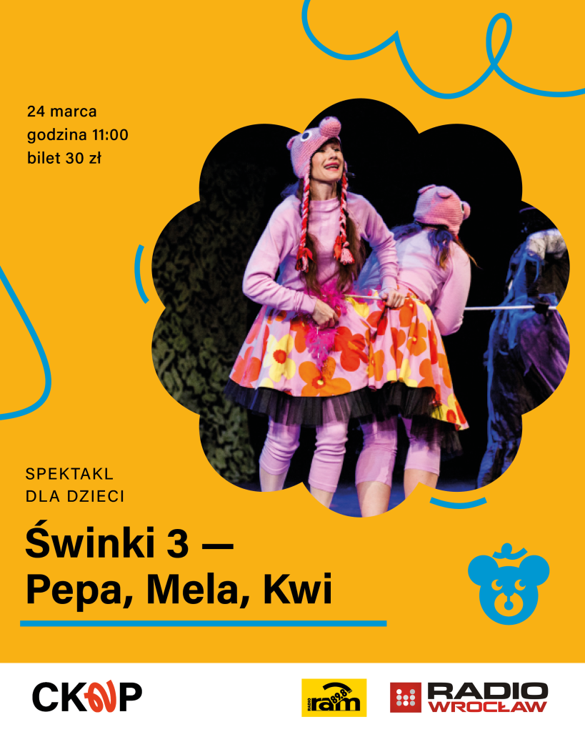 24 marca godz. 11.00, bilet 30 zł, spektakl dla dzieci Świnki 3 Pepa Mela Kwi. Na zdjęciu dwie aktorki przebrane za świnki